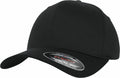 A YP113 by Flexfit By Yupoong, featuring a black design with a curved brim and a sticker on the right side of the bill.