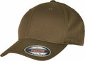 A YP113 baseball cap in dark green with a curved brim and a Flexfit By Yupoong sticker on the front.