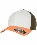 A YP122 baseball cap with a white front panel, orange brim, and dark green back panel. The cap has a Flexfit By Yupoong sticker on the brim.