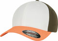 A tricolor YP122 baseball cap from Flexfit By Yupoong, featuring an orange bill, a white front panel, and a green back panel. The sticker on the bill reads "FLEXFIT.