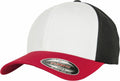 The YP122 cap by Flexfit By Yupoong features a white front, black side panels, and a red brim, complete with a label on the brim for details.