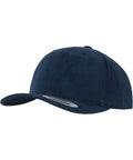 A Flexfit By Yupoong YP123 navy blue baseball cap featuring a curved bill and a small sticker on the brim.