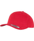 The YP123 by Flexfit By Yupoong is a vibrant red baseball cap featuring a curved brim. It has a plain front panel and comes with a sticker on the brim, offering a simple, solid-colored design that's perfect for casual wear.