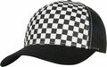 The YP124 by Flexfit By Yupoong is a black and white checkered trucker hat featuring a black mesh back and black brim.