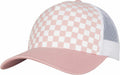 A cap branded as Flexfit by Yupoong, product number YP124, featuring a pink and white checkered design with a white mesh back.