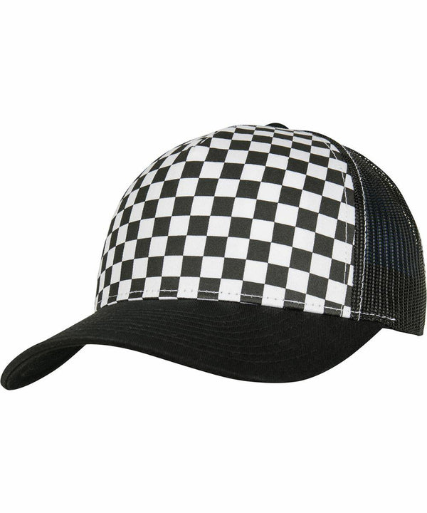 A black and white checkered cap with a black mesh back and a solid black bill, the YP124 from Flexfit By Yupoong.