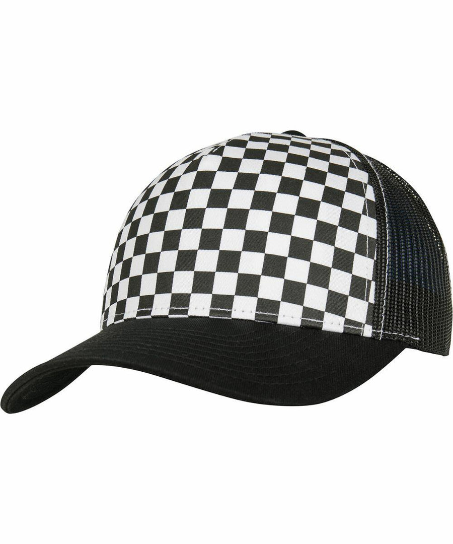 A black and white checkered cap with a black mesh back and a solid black bill, the YP124 from Flexfit By Yupoong.