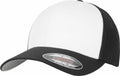 The YP126 by Flexfit By Yupoong is a black and white baseball cap featuring a curved brim and a mesh back panel.