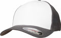 A Flexfit By Yupoong YP126 cap featuring a white and gray design, mesh back, and a sticker on the brim.