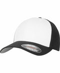 A black and white baseball cap with a mesh back and a Flexfit By Yupoong YP126 sticker on the brim.