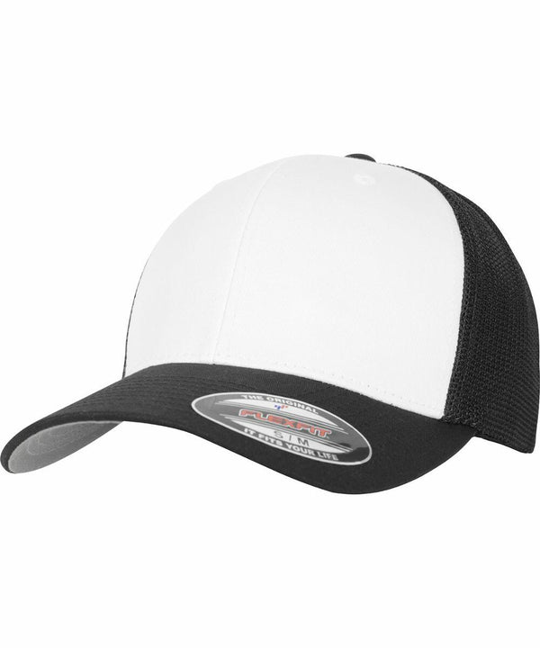 A black and white baseball cap with a mesh back and a Flexfit By Yupoong YP126 sticker on the brim.