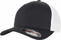 A Flexfit By Yupoong YP128 baseball cap featuring a black and white design, curved brim, and mesh back.