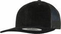 A black Flexfit By Yupoong YP130 corduroy snapback cap featuring a mesh back and flat brim, complete with a round sticker on the brim.
