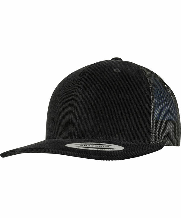 A Flexfit By Yupoong YP130 black corduroy baseball cap with a mesh back and a sticker on the brim.