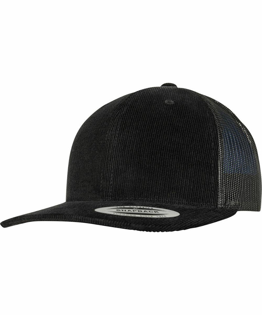 A Flexfit By Yupoong YP130 black corduroy baseball cap with a mesh back and a sticker on the brim.