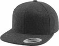 A Flexfit By Yupoong YP132 gray snapback cap featuring a flat brim and a round sticker on the front.