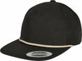 A black YP134 baseball cap from Flexfit By Yupoong, featuring a flat brim with an "adjustable" sticker and a colorful braided strip at the base of the crown.