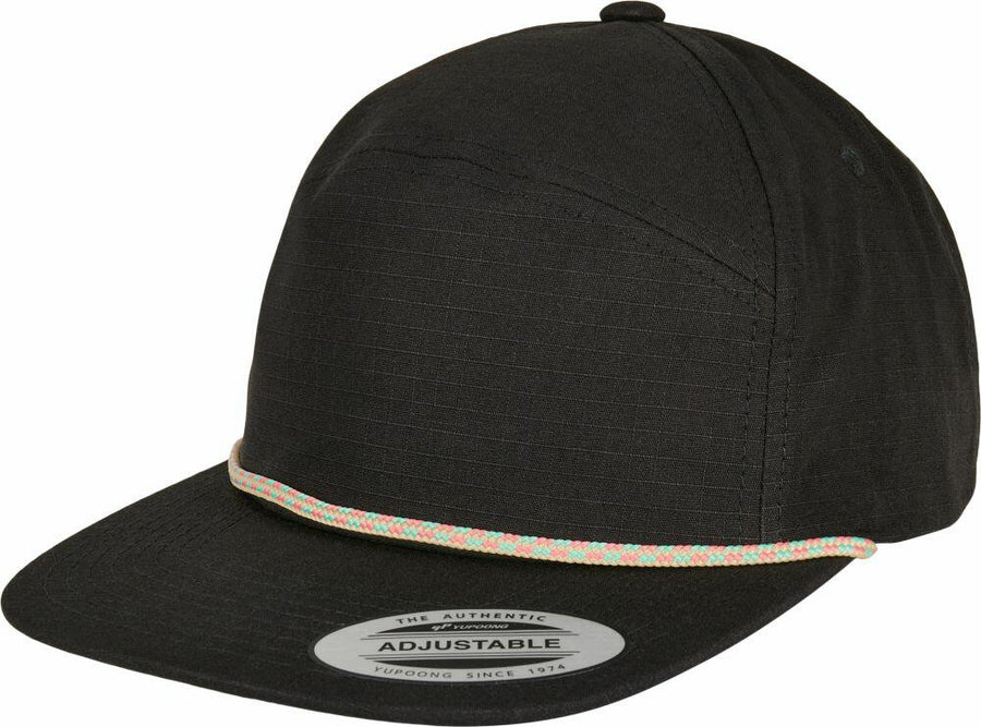 A black YP134 baseball cap from Flexfit By Yupoong, featuring a flat brim with an "adjustable" sticker and a colorful braided strip at the base of the crown.