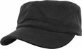 The YP136 by Flexfit By Yupoong is a black military-style cap featuring a flat top and short brim.