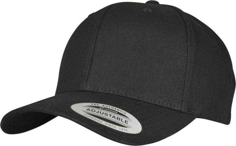 The YP138 by Flexfit By Yupoong is a black adjustable baseball cap featuring a curved brim and a sticker on the brim.