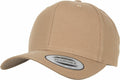 A tan YP138 baseball cap by Flexfit By Yupoong, featuring a curved brim and an "adjustable" sticker on the front.
