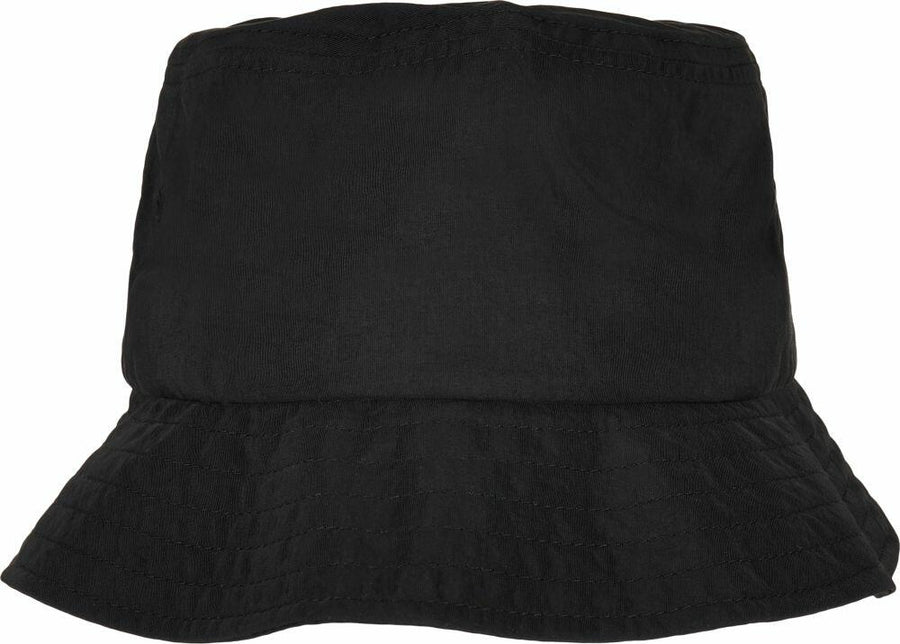 The YP139 by Flexfit By Yupoong is a plain black bucket hat featuring a wide, downward-sloping brim.