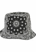 A black YP140 bucket hat with a white floral paisley pattern by Flexfit By Yupoong.