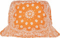 A Flexfit By Yupoong YP140 bucket hat in orange featuring a white paisley pattern design.