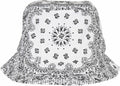 The YP140 by Flexfit By Yupoong is a stylish white bucket hat adorned with black paisley and floral patterns across its entire surface.
