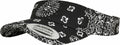 YP143 by Flexfit By Yupoong is a black visor cap adorned with white floral and paisley patterns, featuring an adjustable strap and a label on the brim.