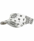 White Flexfit By Yupoong YP143 visor cap with a black floral and paisley pattern featuring an adjustable strap at the back.