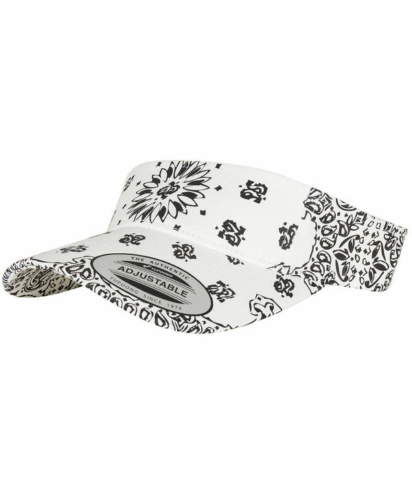 White Flexfit By Yupoong YP143 visor cap with a black floral and paisley pattern featuring an adjustable strap at the back.