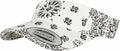 A Flexfit By Yupoong YP143 white adjustable visor featuring a black paisley and floral pattern.