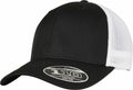 A black and white mesh trucker cap labeled with Flexfit Tech 110 on the brim, known as YP154 from the brand Flexfit By Yupoong.
