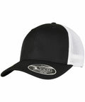 Black and white mesh trucker hat with a curved bill. There is a sticker on the bill with "110" written on it. This is the YP154 by Flexfit By Yupoong.