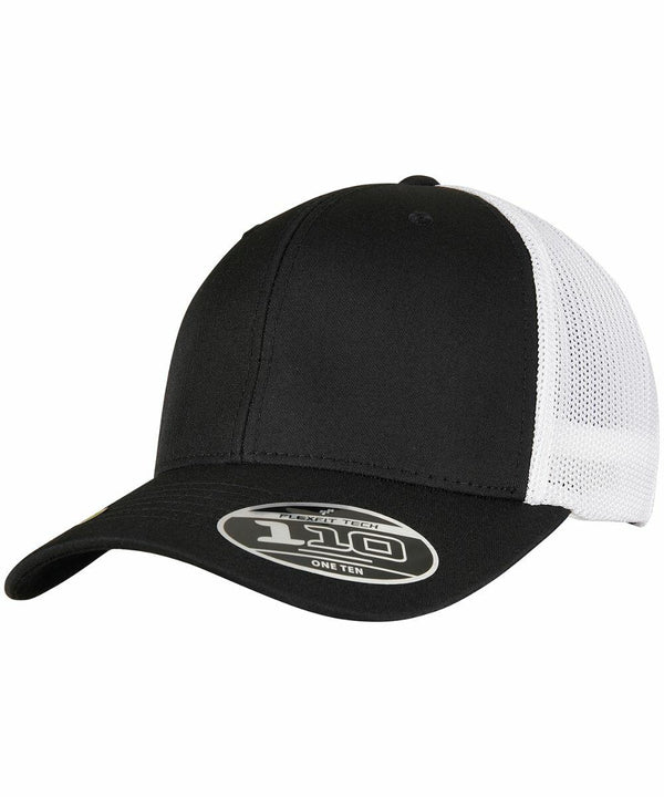 Black and white mesh trucker hat with a curved bill. There is a sticker on the bill with "110" written on it. This is the YP154 by Flexfit By Yupoong.