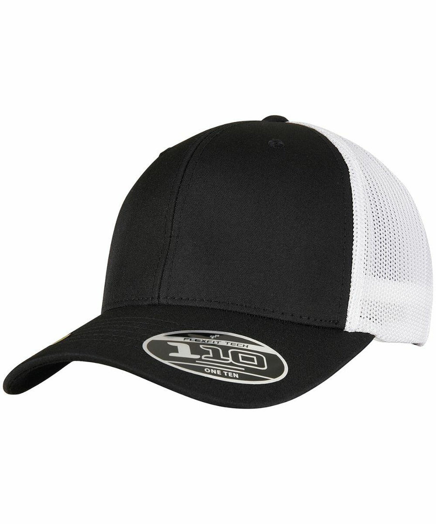 Black and white mesh trucker hat with a curved bill. There is a sticker on the bill with "110" written on it. This is the YP154 by Flexfit By Yupoong.