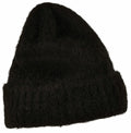 The YP155 beanie hat by Flexfit By Yupoong features a black knit design with a folded brim.
