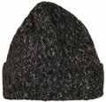 A YP155 knit beanie by Flexfit By Yupoong, featuring a textured, dark gray woolen design with a folded cuff.