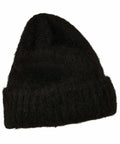 A Flexfit By Yupoong YP155 black knit beanie with a folded rim is shown on a plain white background.