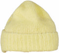 A Flexfit By Yupoong YP155, a soft yellow knit beanie with a folded brim, displayed against a white background.