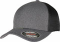 A YP157 trucker cap from Flexfit By Yupoong, featuring a gray and black mesh design with stickers on the brim.