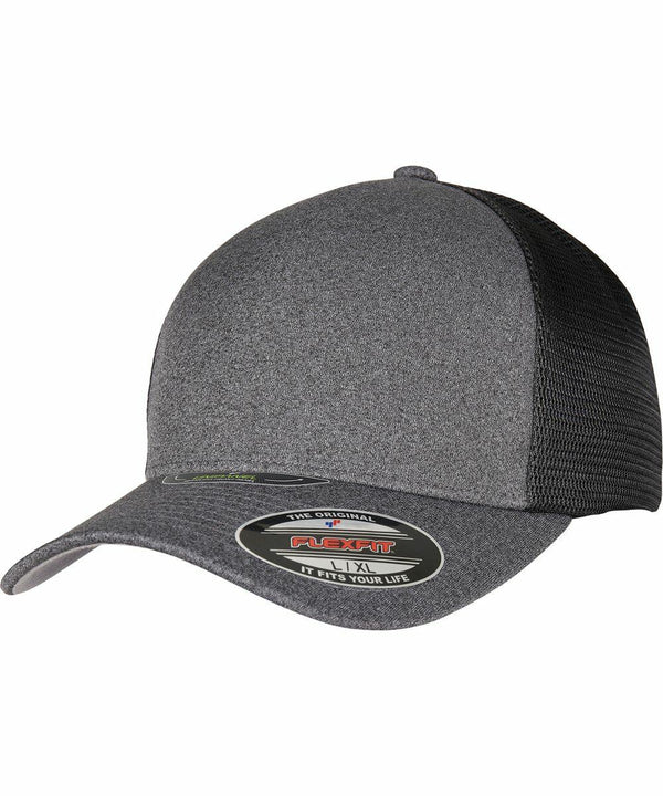A grey and black Flexfit By Yupoong YP157 cap with a curved brim and mesh back, featuring a label on the brim showing size XL and brand details.