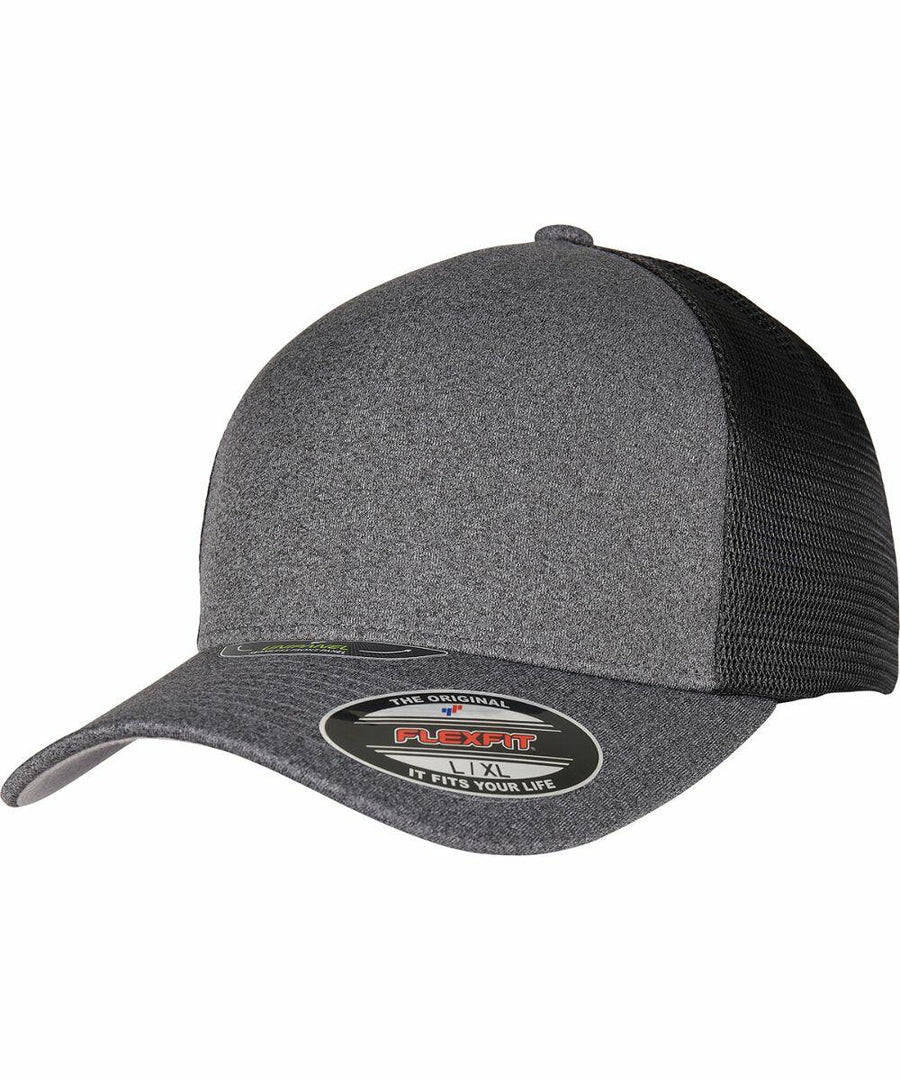 A grey and black Flexfit By Yupoong YP157 cap with a curved brim and mesh back, featuring a label on the brim showing size XL and brand details.