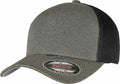 A YP157 trucker cap in gray and black from Flexfit By Yupoong, featuring a Flexfit sticker on the brim.
