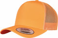 The YP163 by Flexfit By Yupoong is an orange mesh snapback cap featuring a curved brim and a sticker on the front.