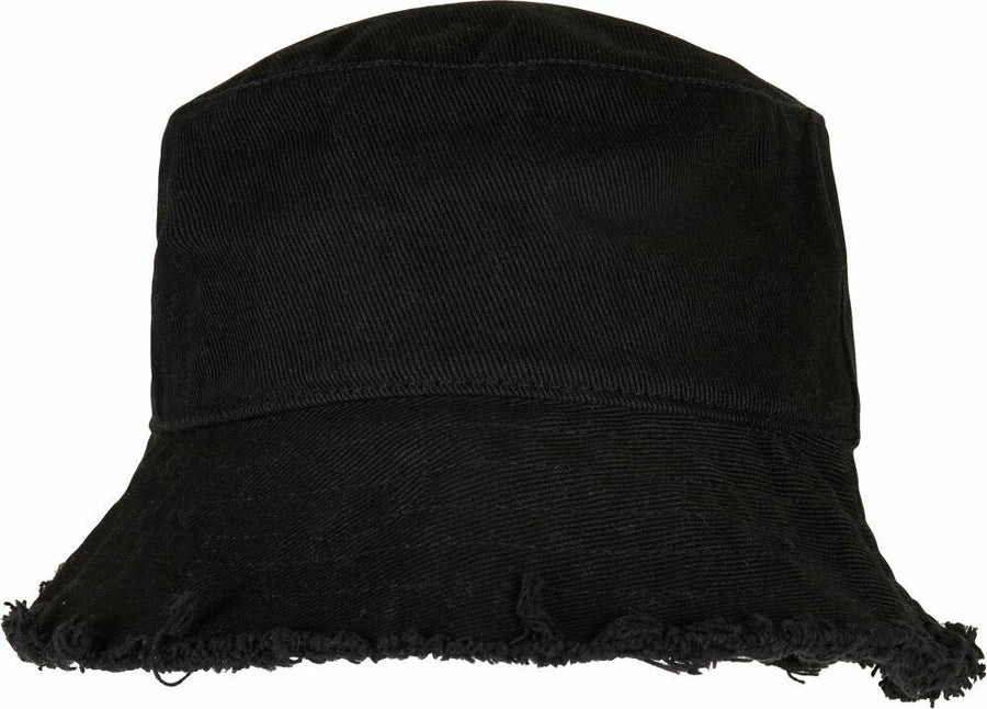 Flexfit By Yupoong's YP165 bucket hat in black featuring frayed edges.