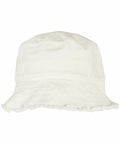 A Flexfit By Yupoong YP165 white bucket hat with a frayed brim.
