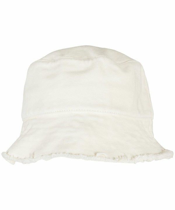 A Flexfit By Yupoong YP165 white bucket hat with a frayed brim.