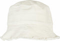 The Flexfit By Yupoong YP165 is a plain white bucket hat featuring a slightly frayed brim edge.